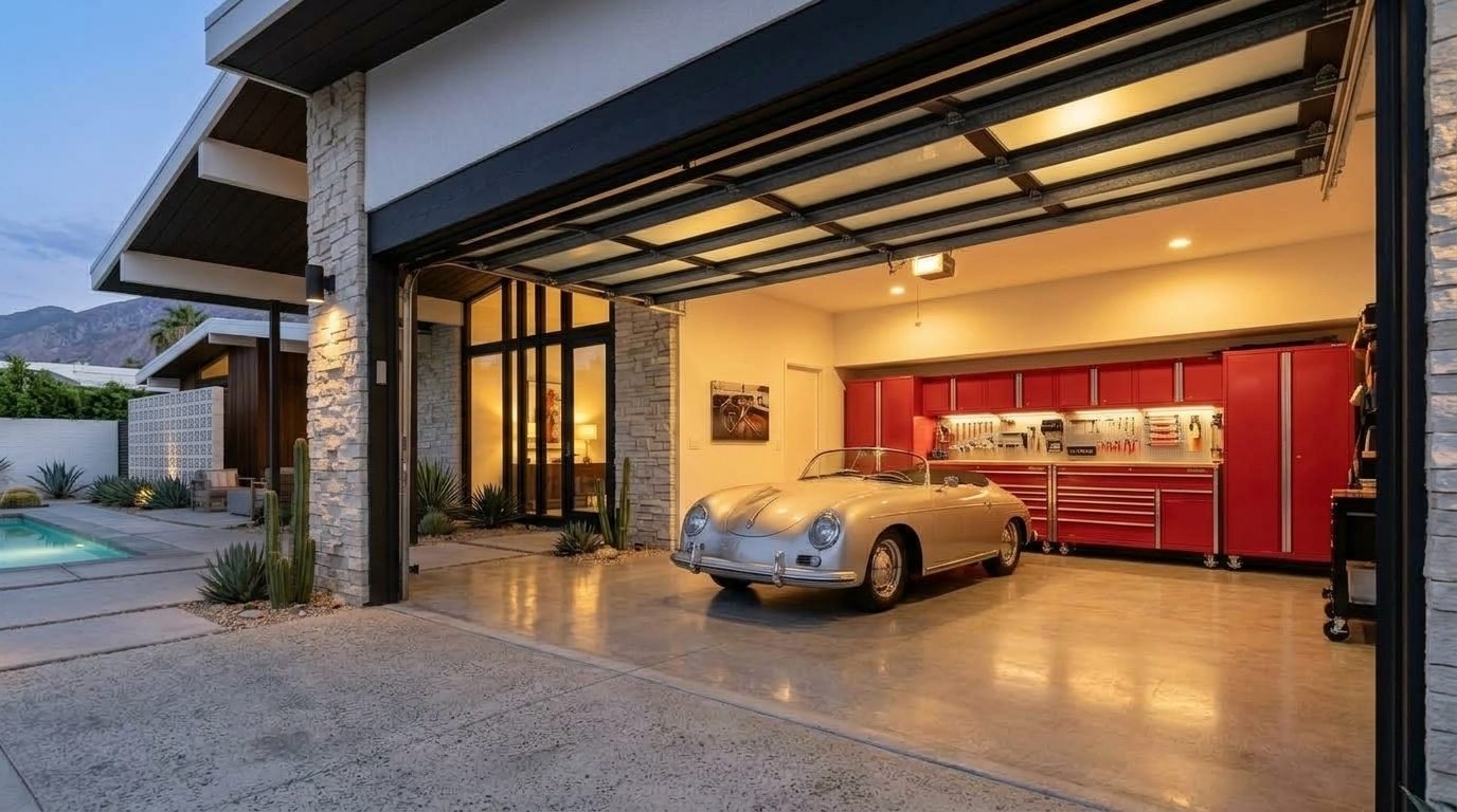 Luciana Mobile Garage Door Service Interior View of Custom Garage Door Overhead and Workshop